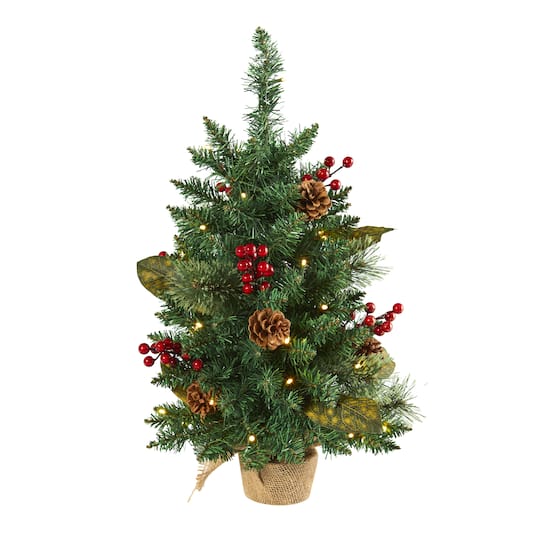 2ft. Pre-Lit Pine Artificial Potted Christmas Tree with Pinecone & Berries, Clear LED Lights